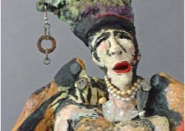 Chrissie Callejas, Potter in NC, creates hand built, carved, colorful sculptures of abstracted larger-than-life fruits and vegetables and whimsical figures.