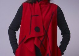 Mia Tyson, Fiber Artist, designs felted or knitted merino wool clothing with an asymmetrical line for a sense of movement in each classic, modern piece.