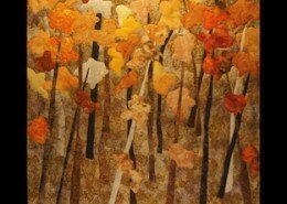 Beth Andrews, Fiber Artist from Greer, SC, creates textile collages with fabrics and stitching to highlight color, shape and texture in each wall piece.