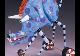 Bill Hickman, metal artist in Raleigh, NC, creates whimsical sculptures using gas welded fabricated sheet steel and finishes each by hand painting.